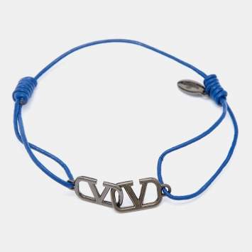 Pre Owned Valentino Garavani Blue Leather Cord VLogo Bracelet