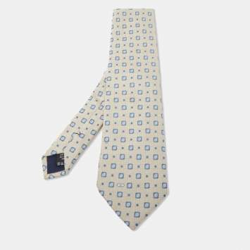 Pre Owned Valentino Greige Square Pattern Silk Tie