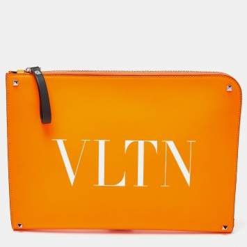Pre Owned Valentino Neon Orange Leather VLTN Document Case