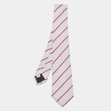 Pre Owned Valentino White/Red Diagonal Striped Silk Tie