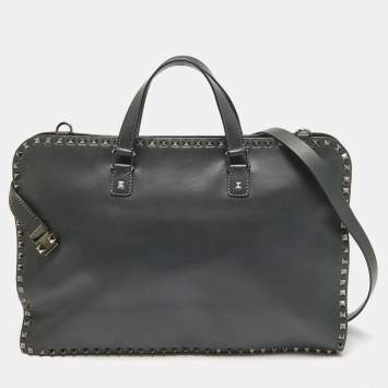 Pre Owned Valentino Black Leather Rockstud Briefcase Laptop Bag