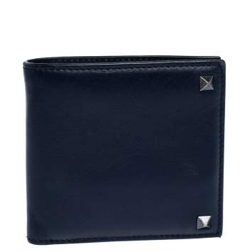 Pre Owned Valentino Navy Blue Leather Rockstud Bifold Wallet