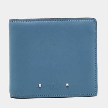 Pre Owned Valentino Blue Leather Rockstud Bifold Wallet