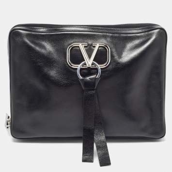 Pre Owned Valentino Black Leather VRing Zip Pouch
