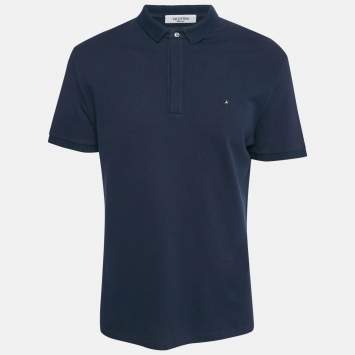 Pre Owned Valentino Navy Blue Cotton Polo Stud Detail T-Shirt L