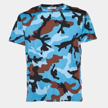 Pre Owned Valentino Blue Camo Print Cotton Round Neck T-Shirt L