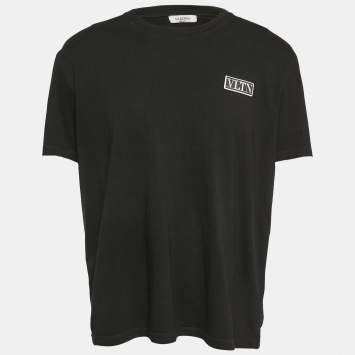 Pre Owned Valentino Black Logo Applique Jersey Crew Neck T-Shirt XL