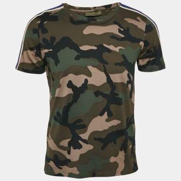 Pre Owned Valentino Green Camouflage Print Cotton Shoulder Stripe Detail T-Shirt S