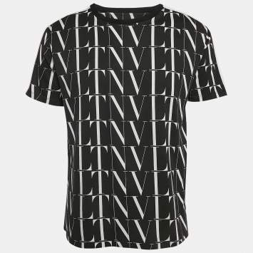 Pre Owned Valentino Black VLTN All Over Print Cotton Crewneck T-Shirt L