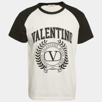 Pre Owned Valentino White/Black Printed Jersey Raglan Sleeve T-Shirt M