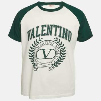 Pre Owned Valentino White/Green Printed Jersey Raglan Sleeve T-Shirt M