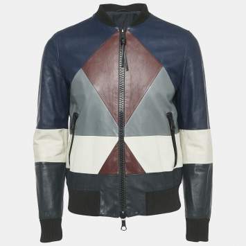 Pre Owned Valentino Navy Blue Patch Work Leather Zip-Up Jacket M