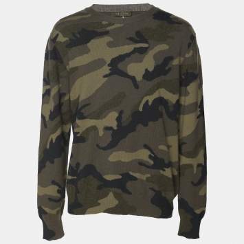 Pre Owned Valentino Green Camouflage Print Cashmere Knit Sweatshirt L