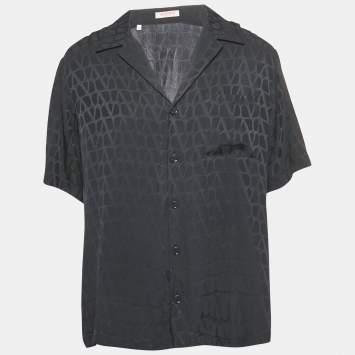 Pre Owned Valentino Black Silk Logo Jacquard Oversized Bowling Shirt S