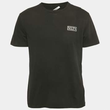 Pre Owned Valentino Black Logo Applique Detail Cotton Crew Neck T-Shirt L