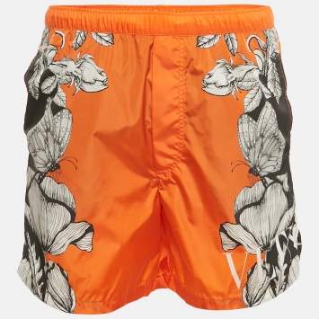 Pre Owned Valentino Orange Printed Nylon Swim Shorts S