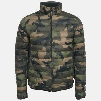 Pre Owned Valentino Green /Navy Blue Camouflage Print Synthetic Puffer Down Jacket S
