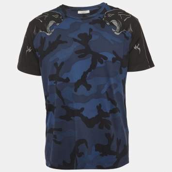 مملوكة مسبقًا Valentino Blue Camouflage Print Jersey T-Shirt L