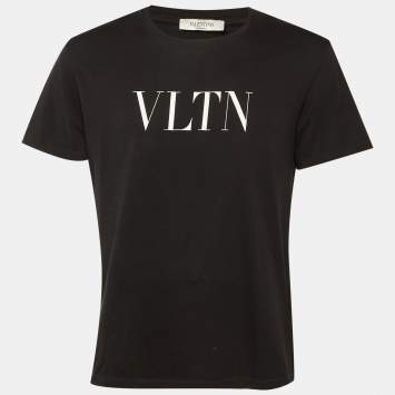 مملوكة مسبقًا تي شيرت فالنتينو قطن أسود بعبارة في أل تي إن رقبة مستديرة مقاس كبير - لارج