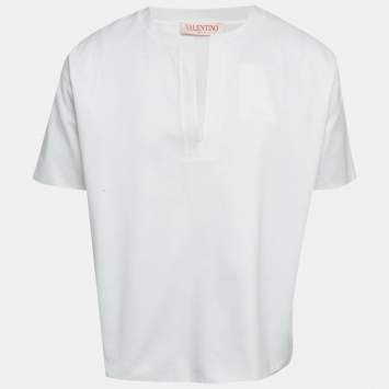 Pre Owned تي شيرت فالنتينو جيرسيه أبيض بياقة مشقوقة مقاس صغير - سمول