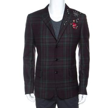 Pre Owned Valentino Bicolor Tartan Plaid Wool Embellished Detail Blazer XL