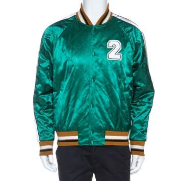 Pre Owned Valentino Green Satin Embroidered Logo Bomber Jacket L