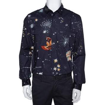 Pre Owned Valentino Navy Blue Cosmo Print Cotton Pocket Detail Shirt XL