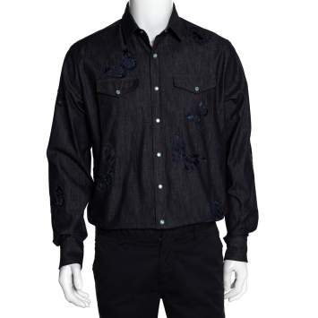 Pre Owned Valentino Indigo Denim Butterfly Embroidered Shirt L 