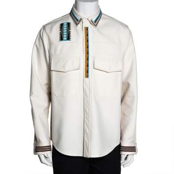 Pre Owned Valentino Cream Cotton Tribal Bead Embellished Utility Jacket XL
