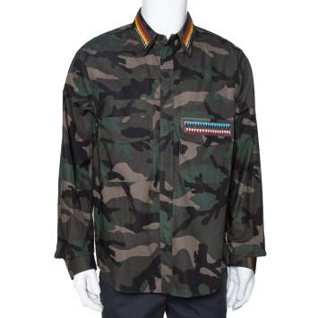 Pre Owned Valentino Green Camouflage Print Cotton Bead Embroidered Shirt XL