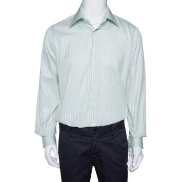 Pre Owned Valentino Pale Green Striped Cotton Long Sleeve Shirt XXL