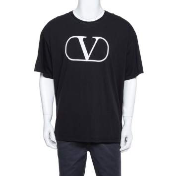 Pre Owned Valentino Black Knit Logo Printed Crewneck T-Shirt L