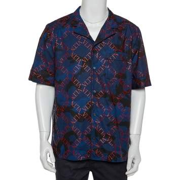 Pre Owned Valentino Navy Blue Logo Camouflage Printed Bowling Shirt XXL