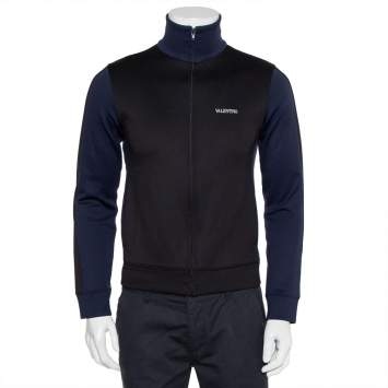 Pre Owned Valentino Black & Navy Blue Paneled Jersey Logo Printed Zip Front Track Jacket XS