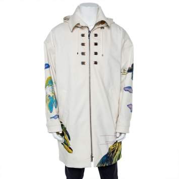 Pre Owned Valentino Beige Denim Beaded Patch Work Detail Oversized Hooded Long Jacket M