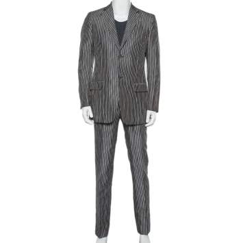 Pre Owned Valentino Vintage Grey Striped Synthetic Suit L