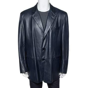 Pre Owned Valentino Vintage Midnight Blue Leather Button Front Jacket XL