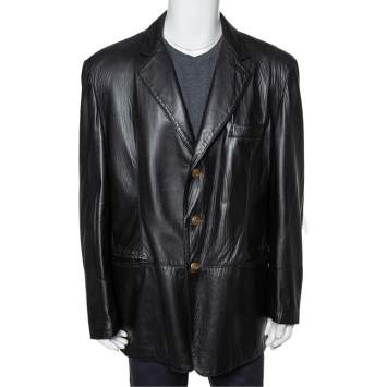 Pre Owned Valentino Vintage Black Leather Button Front Blazer 3XL  