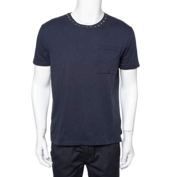 Pre Owned Valentino Navy Blue Cotton Rockstud Neckine Detail Crewneck T-Shirt L
