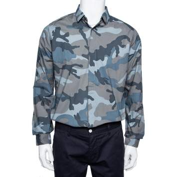 Pre Owned Valentino Grey Camoflauge Printed Cotton Button Front Shirt M
