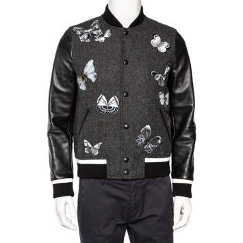 Pre Owned Valentino Charcoal Grey Wool & Black Leather Embroidered Bomber Jacket XS