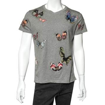Pre Owned Valentino Grey Cotton Butterfly Patch Detail Crewneck T-Shirt S
