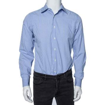 مملوكة مسبقًا Valentino Blue Checkered Cotton Tailored Fit Shirt M 
