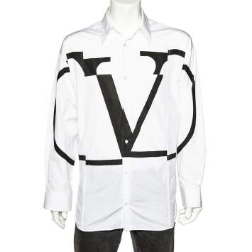 Pre Owned Valentino White Deconstructed VLogo Printed Cotton Oversized Shirt M
