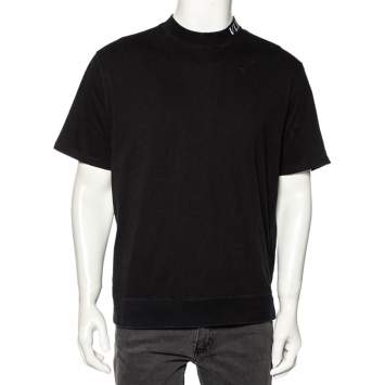 Pre Owned Valentino Black Cotton VLTN Intarsia Trim Detailed Crew Neck T-Shirt L