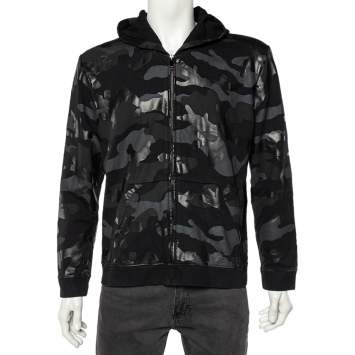 Valentino Black Camouflage Print Cotton Zip Up Hooded Sweatshirt L