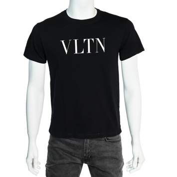 Pre Owned Valentino Black VLTN Printed Cotton Crewneck T-Shirt XS