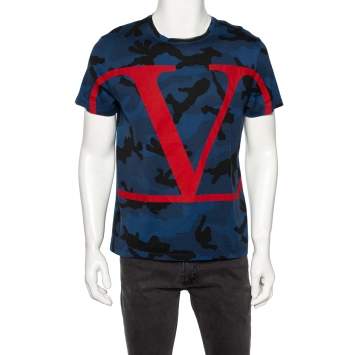 Pre Owned Valentino Blue Camouflage VLogo Printed Cotton Short Sleeve T-Shirt L