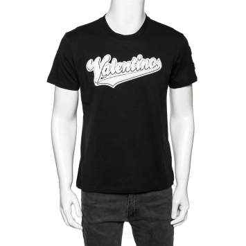 Pre Owned Valentino Black Cotton Baseball Logo Appliqued Short Sleeve T-Shirt S