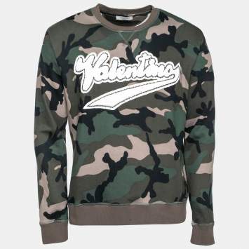 Pre Owned Valentino Green Camo Print Beaded Logo Applique Sweatshirt S